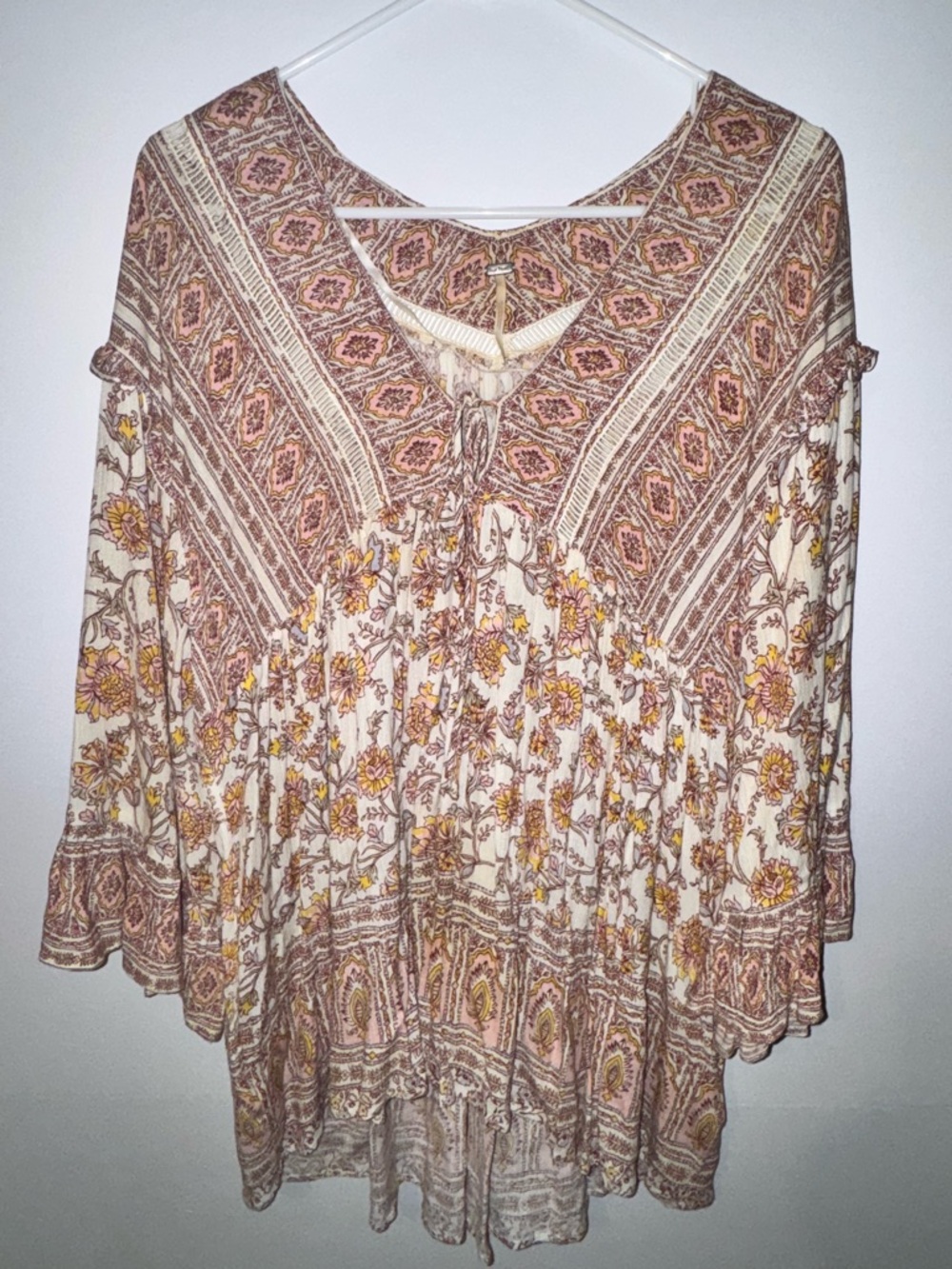 Free People Boho Floral Peasant Top - Cream and Brown